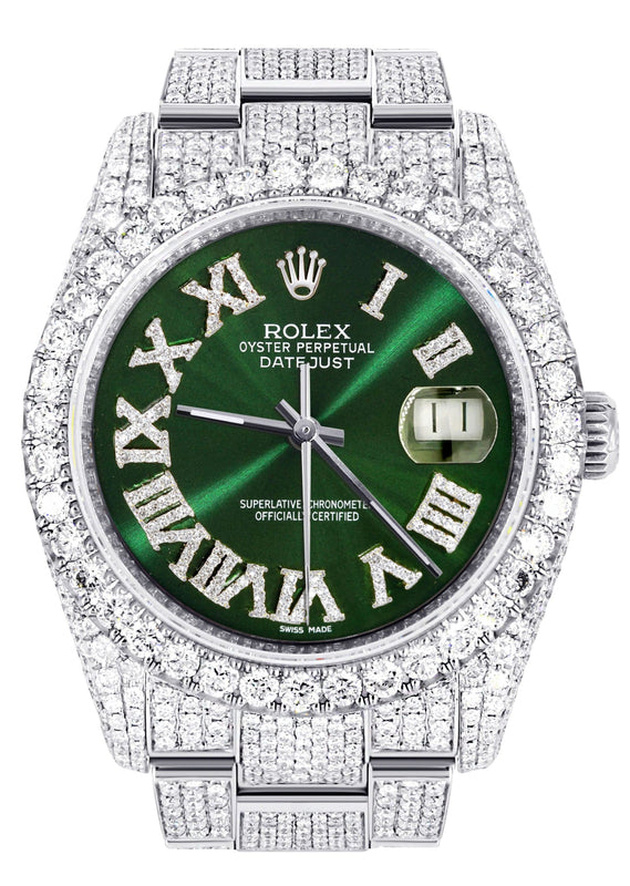 Iced Out Rolex Datejust 36 MM | Stainless Steel | 16.5 Carats of Diamonds | Green Roman Diamond Dial | Oyster Band | Model 116200