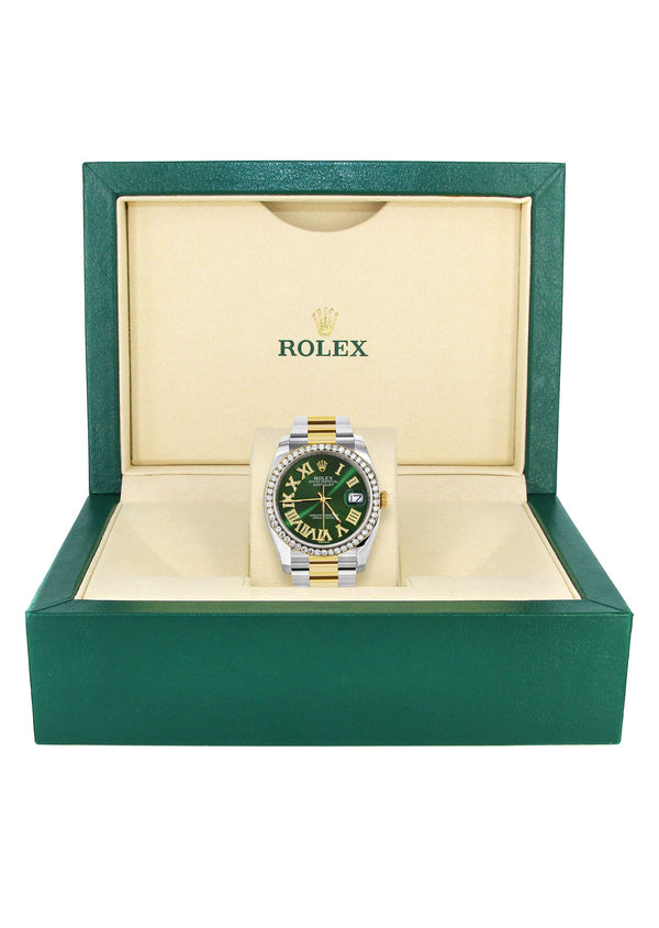 116233 | Gold & Steel Rolex Datejust Watch | 36Mm | Green Roman Diamond Dial | Oyster Band
