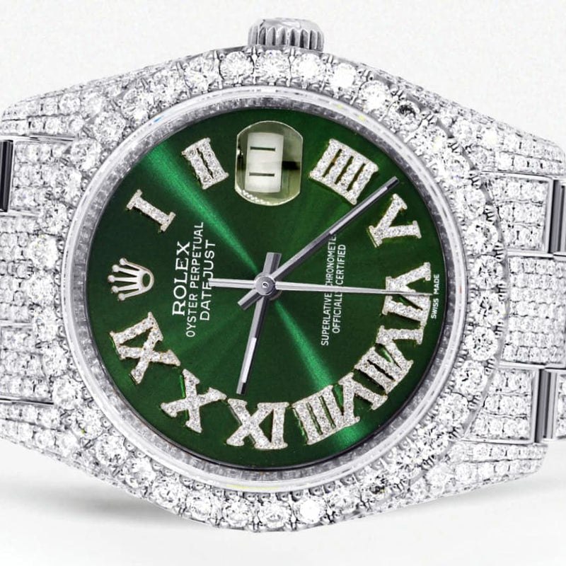 Iced Out Rolex Datejust 36 MM | Stainless Steel | 16.5 Carats of Diamonds | Green Roman Diamond Dial | Oyster Band | Model 116200