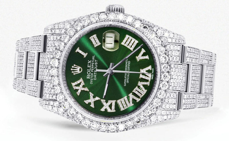 Iced Out Rolex Datejust 36 MM | Stainless Steel | 16.5 Carats of Diamonds | Green Roman Diamond Dial | Oyster Band | Model 116200