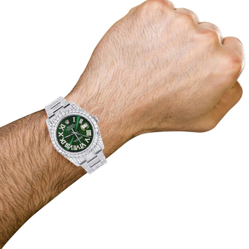 Iced Out Rolex Datejust 36 MM | Stainless Steel | 16.5 Carats of Diamonds | Green Roman Diamond Dial | Oyster Band | Model 116200