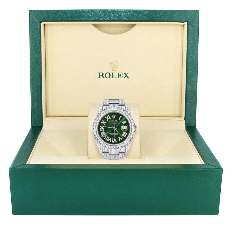 Iced Out Rolex Datejust 36 MM | Stainless Steel | 16.5 Carats of Diamonds | Green Roman Diamond Dial | Oyster Band | Model 116200