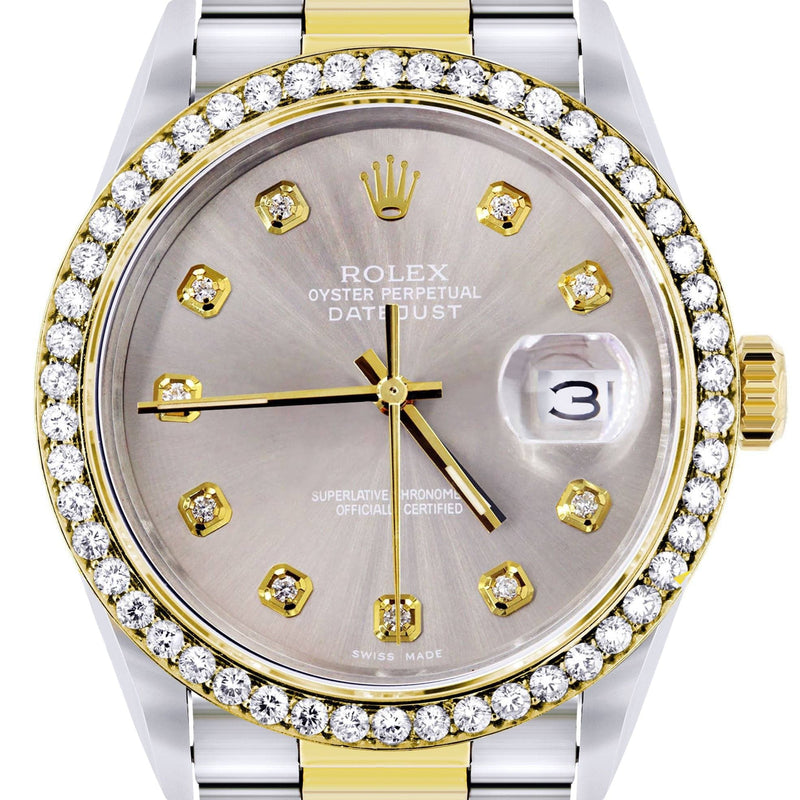 Diamond Rolex Mens Watch Datejust 16233 | 36Mm | Grey Dial | Oyster Band