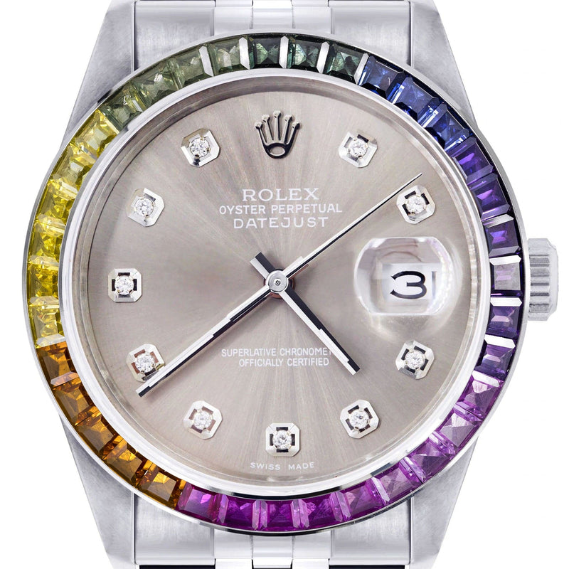 Diamond Gold Rolex Watch For Men 16200 | 36Mm | Rainbow Sapphire Bezel | Grey Dial | Jubilee Band