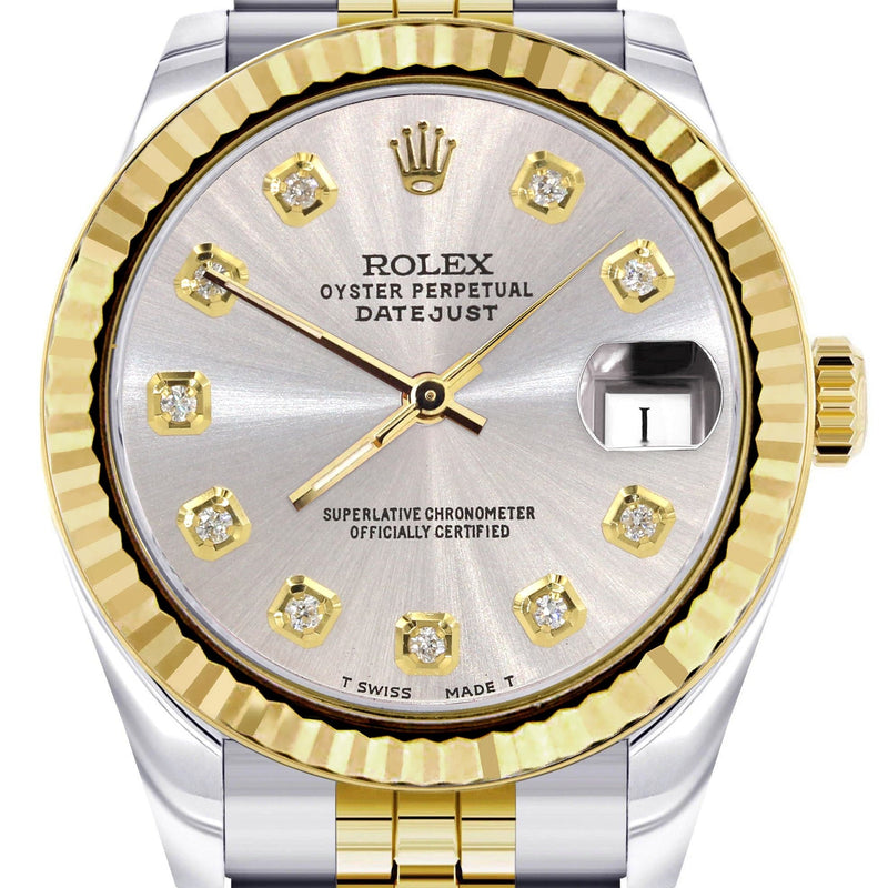 Diamond Gold Rolex Watch | 68273 | Fluted Bezel | 31MM | Grey Diamond Dial | Jubilee Band