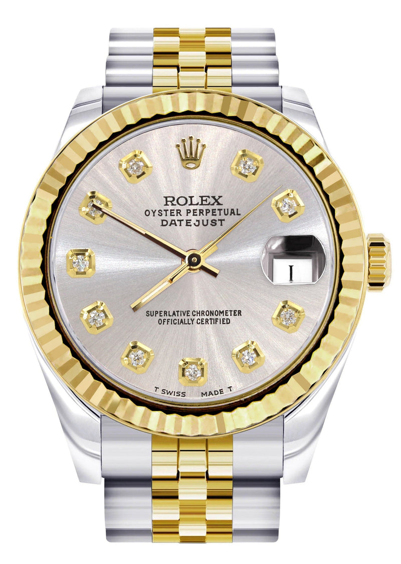 Diamond Gold Rolex Watch | 68273 | Fluted Bezel | 31MM | Grey Diamond Dial | Jubilee Band
