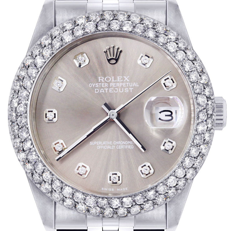 Womens Rolex Datejust Watch 16200 | 36Mm | Grey Dial | Two Row 4.25 Carat Bezel | Jubilee Band