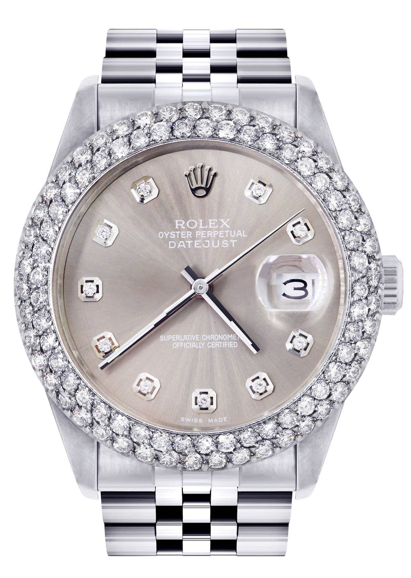 Womens Rolex Datejust Watch 16200 | 36Mm | Grey Dial | Two Row 4.25 Carat Bezel | Jubilee Band