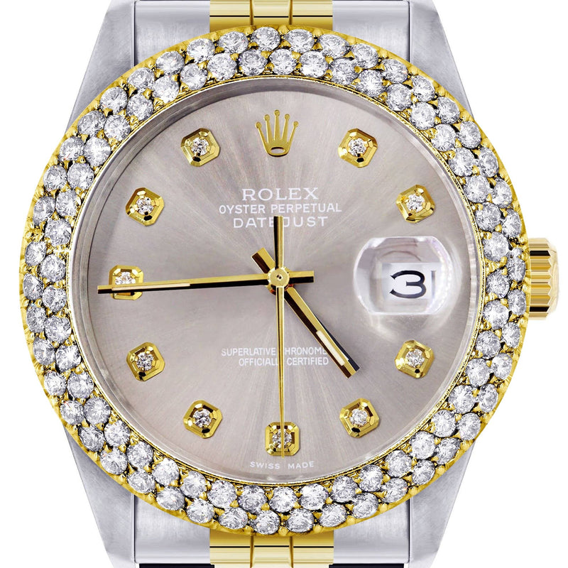Diamond Gold Rolex Watch For Men 16233 | 36Mm | Custom Grey Dial | Two Row 4.25 Carat Bezel | Jubilee Band