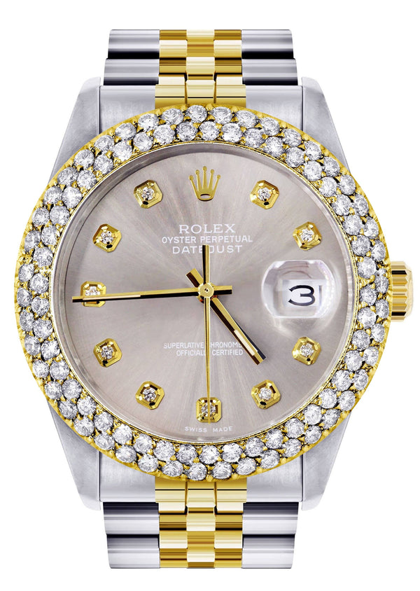 Diamond Gold Rolex Watch For Men 16233 | 36Mm | Custom Grey Dial | Two Row 4.25 Carat Bezel | Jubilee Band