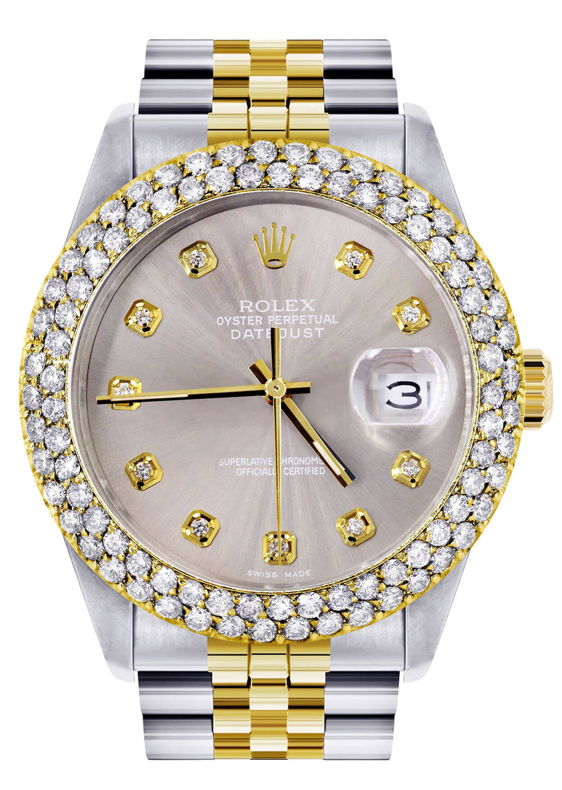 Diamond Gold Rolex Watch For Men 16233 | 36Mm | Custom Grey Dial | Two Row 4.25 Carat Bezel | Jubilee Band