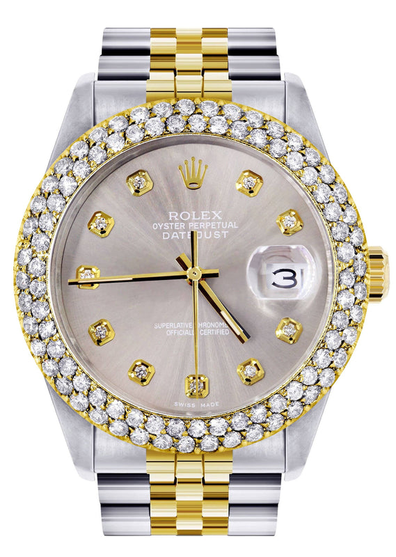Diamond Gold Rolex Watch For Men 16233 | 36Mm | Custom Grey Dial | Two Row 4.25 Carat Bezel | Jubilee Band
