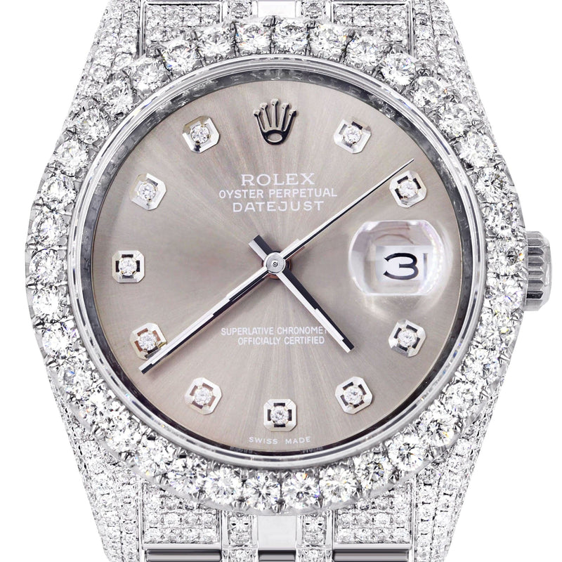 Iced Out Rolex Datejust 36 MM | Stainless Steel | 16.5 Carats of Diamonds | Grey Diamond Dial | Jubilee Band | Model 116200