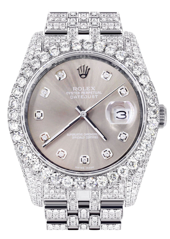 Iced Out Rolex Datejust 36 MM | Stainless Steel | 16.5 Carats of Diamonds | Grey Diamond Dial | Jubilee Band | Model 116200