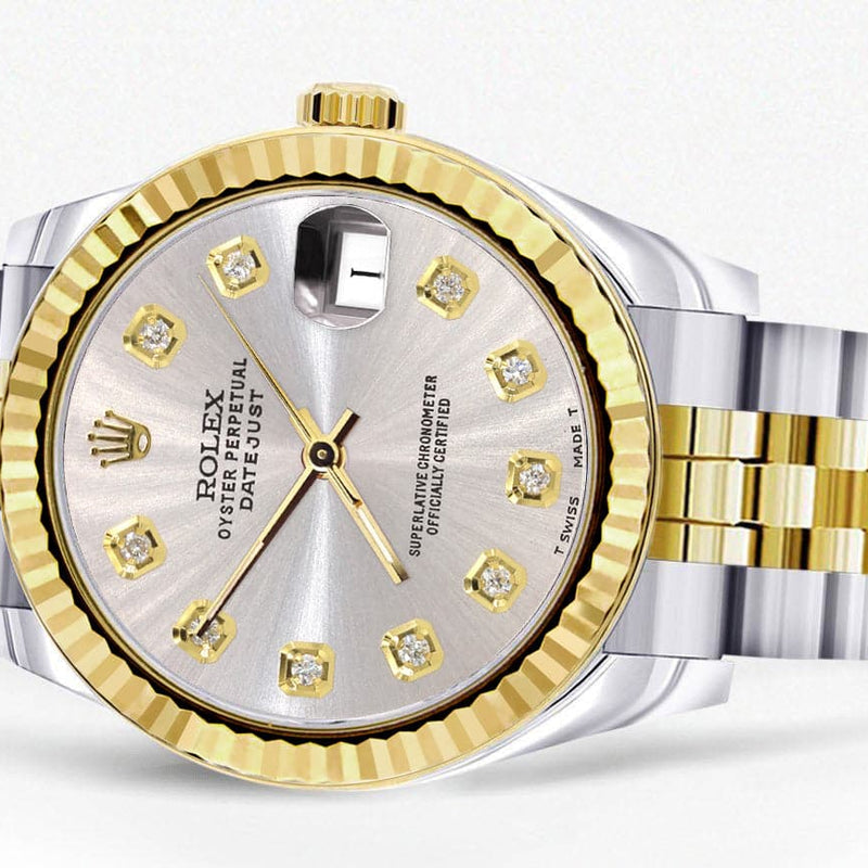 Diamond Gold Rolex Watch | 68273 | Fluted Bezel | 31MM | Grey Diamond Dial | Jubilee Band