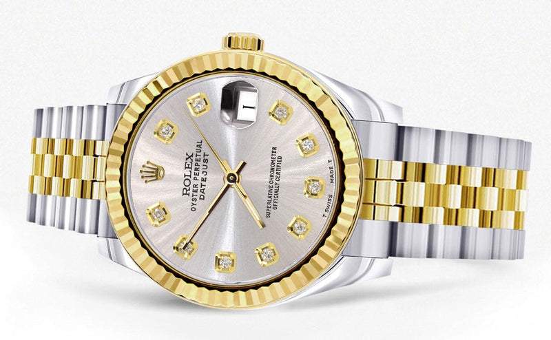 Diamond Gold Rolex Watch | 68273 | Fluted Bezel | 31MM | Grey Diamond Dial | Jubilee Band