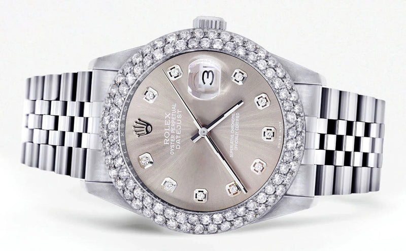 Mens Rolex Datejust Watch 16200 | 36Mm | Grey Dial | Two Row 4.25 Carat Bezel | Jubilee Band