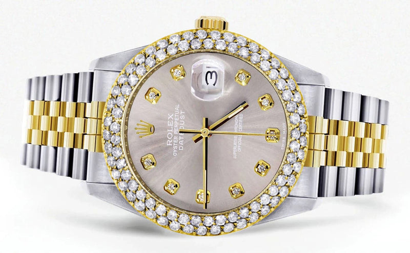 Diamond Gold Rolex Watch For Men 16233 | 36Mm | Custom Grey Dial | Two Row 4.25 Carat Bezel | Jubilee Band