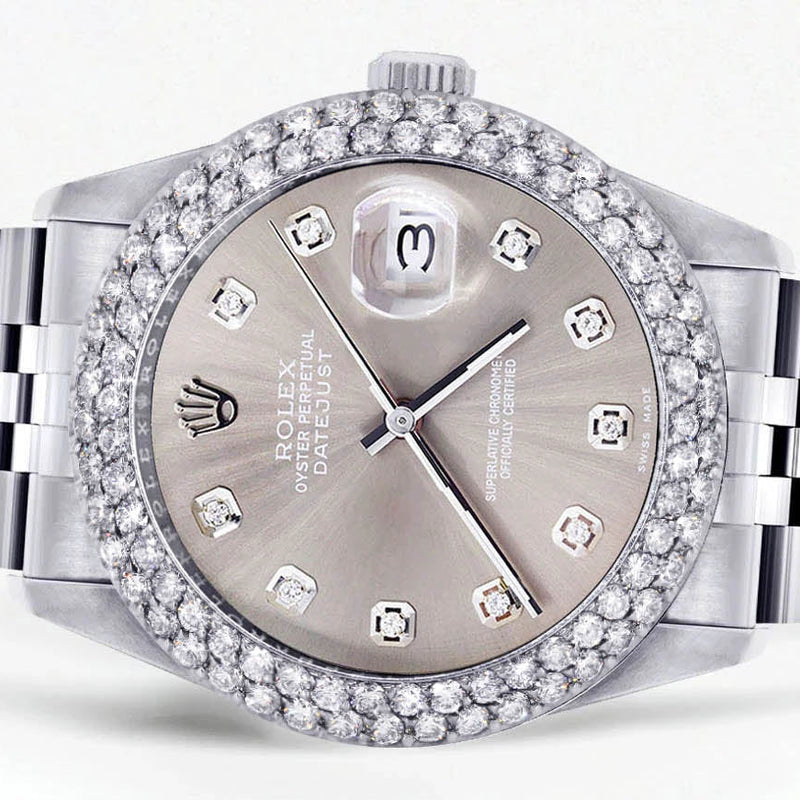 Womens Rolex Datejust Watch 16200 | 36Mm | Grey Dial | Two Row 4.25 Carat Bezel | Jubilee Band