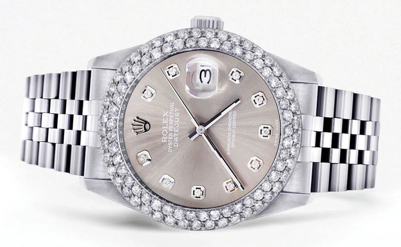 Womens Rolex Datejust Watch 16200 | 36Mm | Grey Dial | Two Row 4.25 Carat Bezel | Jubilee Band