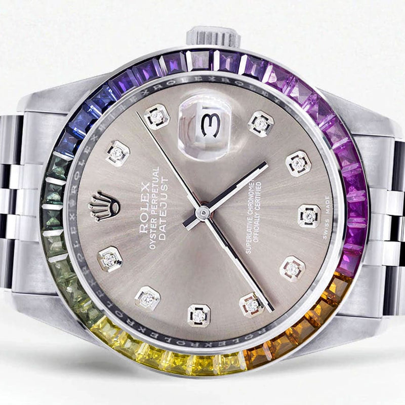Diamond Gold Rolex Watch For Men 16200 | 36Mm | Rainbow Sapphire Bezel | Grey Dial | Jubilee Band