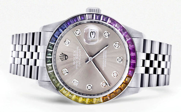Diamond Gold Rolex Watch For Men 16200 | 36Mm | Rainbow Sapphire Bezel | Grey Dial | Jubilee Band