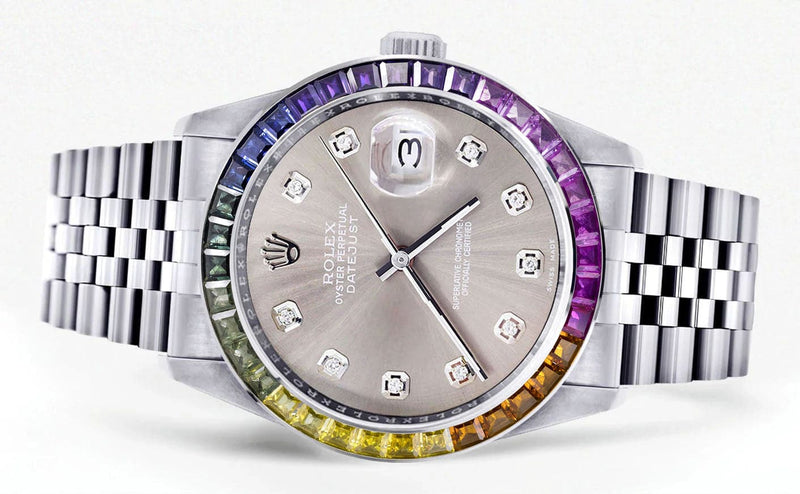 Diamond Gold Rolex Watch For Men 16200 | 36Mm | Rainbow Sapphire Bezel | Grey Dial | Jubilee Band