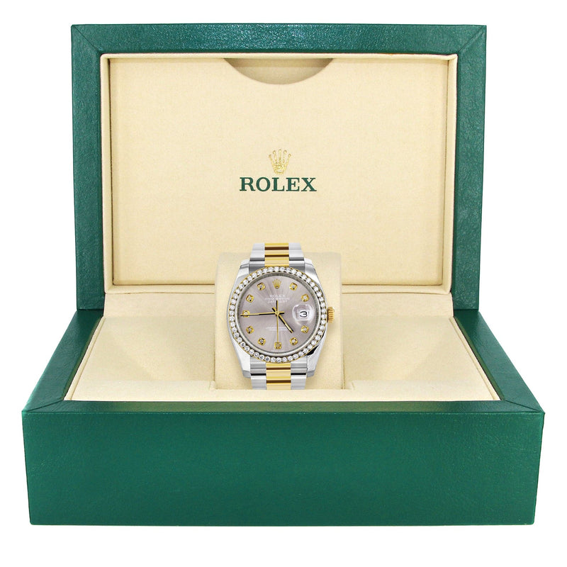 116233 | Diamond Gold Rolex Watch For Men | 36Mm | Gray Dial | Oyster Band
