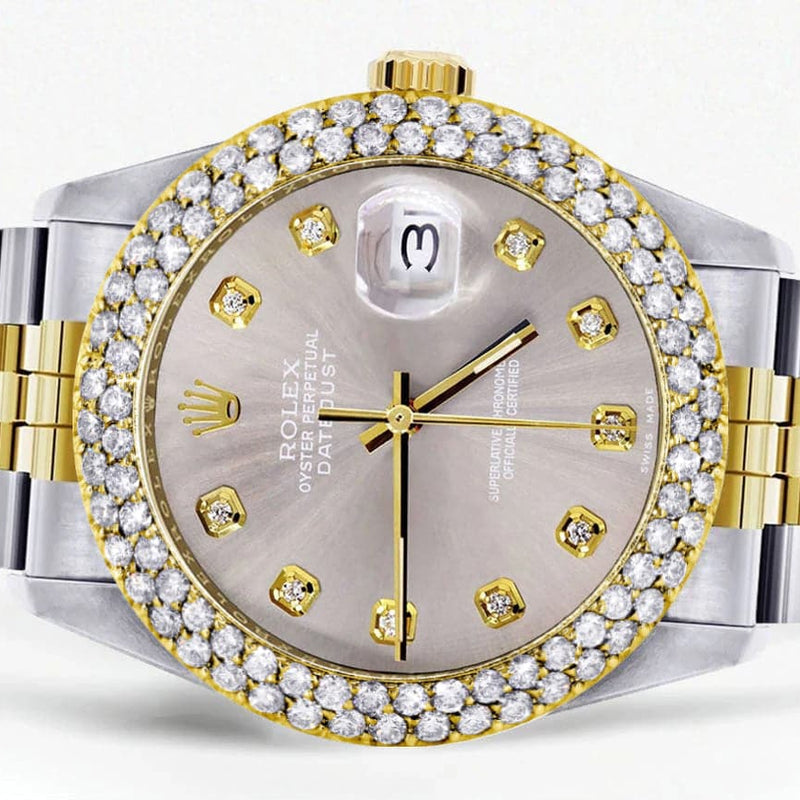 Diamond Gold Rolex Watch For Women 16233 | 36Mm | Custom Grey Dial | Two Row 4.25 Carat Bezel | Jubilee Band