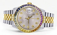 Diamond Gold Rolex Watch For Men 16233 | 36Mm | Rainbow Sapphire Bezel | Grey Dial | Jubilee Band
