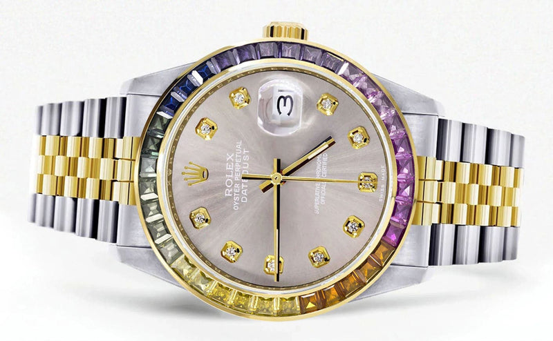 Diamond Gold Rolex Watch For Men 16233 | 36Mm | Rainbow Sapphire Bezel | Grey Dial | Jubilee Band