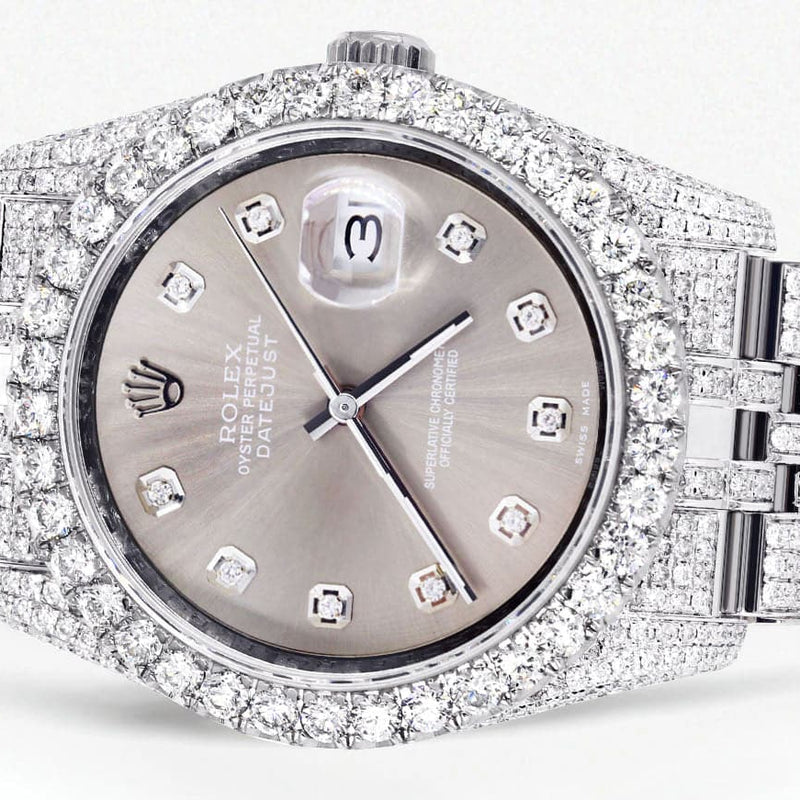 Iced Out Rolex Datejust 36 MM | Stainless Steel | 16.5 Carats of Diamonds | Grey Diamond Dial | Jubilee Band | Model 116200