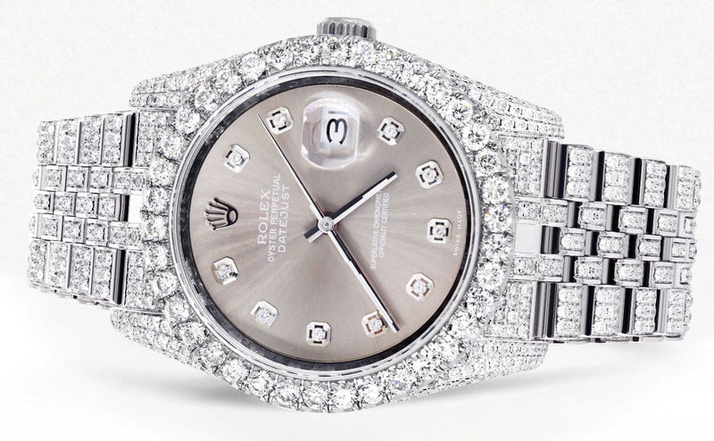 Iced Out Rolex Datejust 36 MM | Stainless Steel | 16.5 Carats of Diamonds | Grey Diamond Dial | Jubilee Band | Model 116200