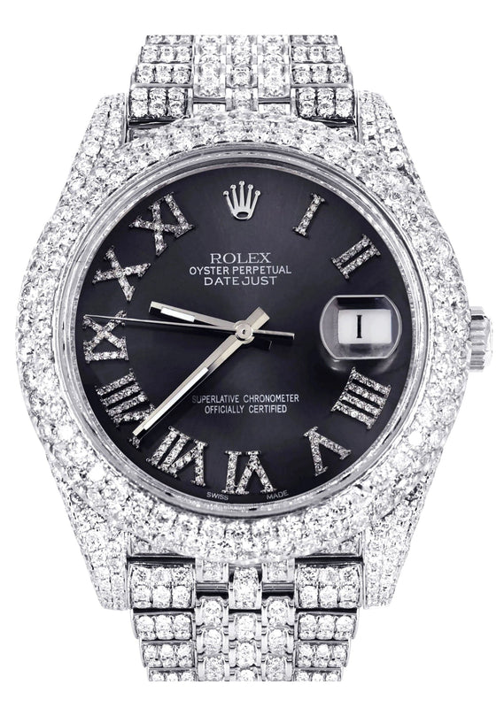 Diamond Iced Out Rolex Datejust 41 | 25 Carats Of Diamonds | Custom Grey Roman Numeral Diamond Dial | Two Row | Jubilee Band
