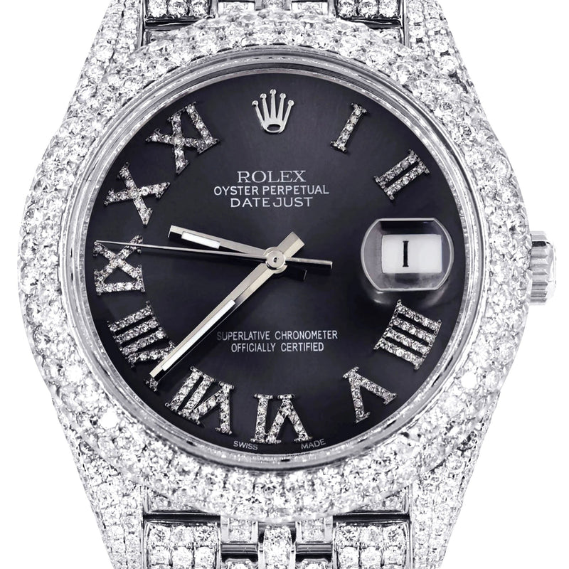 Womens Diamond Iced Out Rolex Datejust 41 | 25 Carats Of Diamonds | Custom Grey Roman Numeral Diamond Dial | Two Row | Jubilee Band