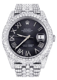 Womens Diamond Iced Out Rolex Datejust 41 | 25 Carats Of Diamonds | Custom Grey Roman Numeral Diamond Dial | Two Row | Jubilee Band