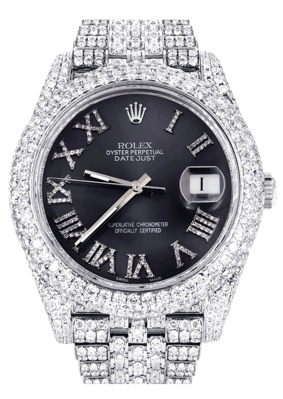 Womens Diamond Iced Out Rolex Datejust 41 | 25 Carats Of Diamonds | Custom Grey Roman Numeral Diamond Dial | Two Row | Jubilee Band