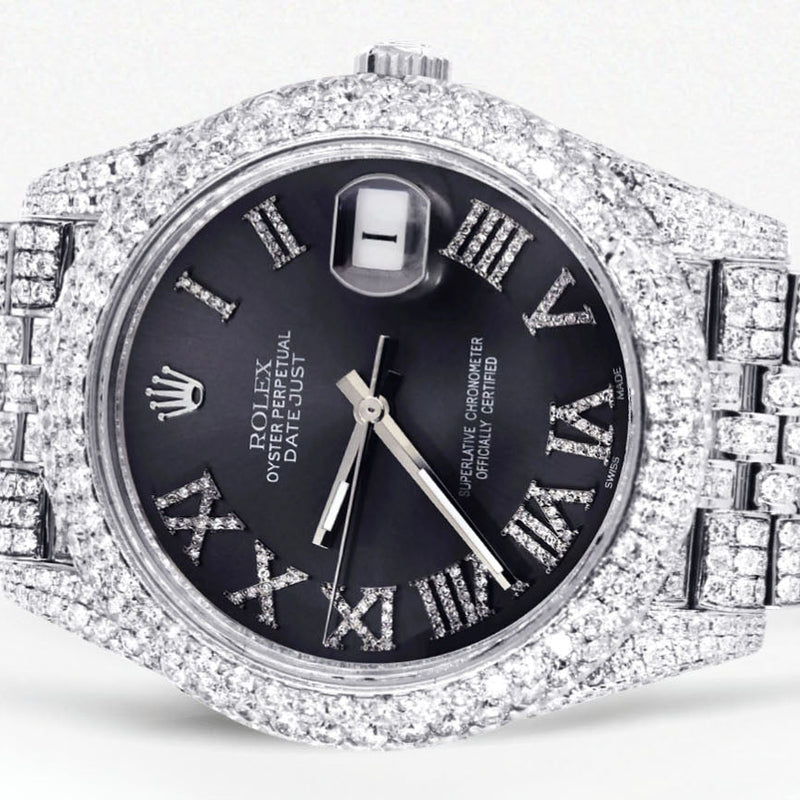 Womens Diamond Iced Out Rolex Datejust 41 | 25 Carats Of Diamonds | Custom Grey Roman Numeral Diamond Dial | Two Row | Jubilee Band