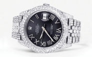 Womens Diamond Iced Out Rolex Datejust 41 | 25 Carats Of Diamonds | Custom Grey Roman Numeral Diamond Dial | Two Row | Jubilee Band