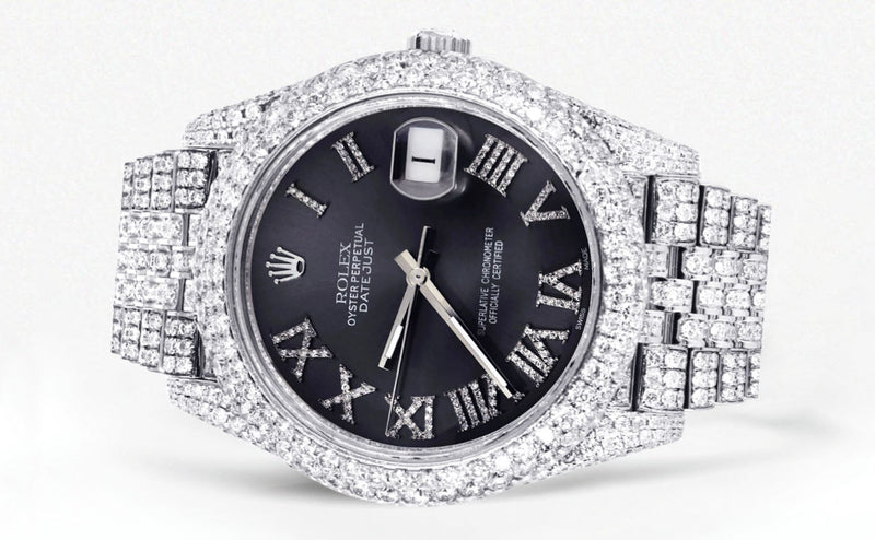 Womens Diamond Iced Out Rolex Datejust 41 | 25 Carats Of Diamonds | Custom Grey Roman Numeral Diamond Dial | Two Row | Jubilee Band
