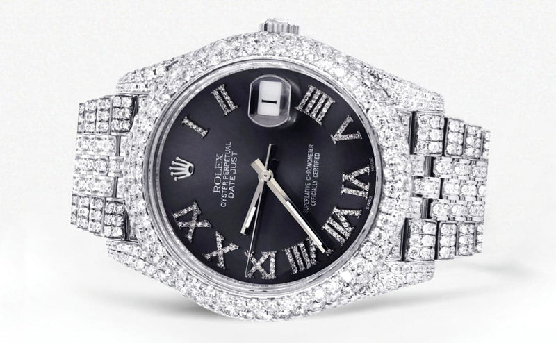Diamond Iced Out Rolex Datejust 41 | 25 Carats Of Diamonds | Custom Grey Roman Numeral Diamond Dial | Two Row | Jubilee Band