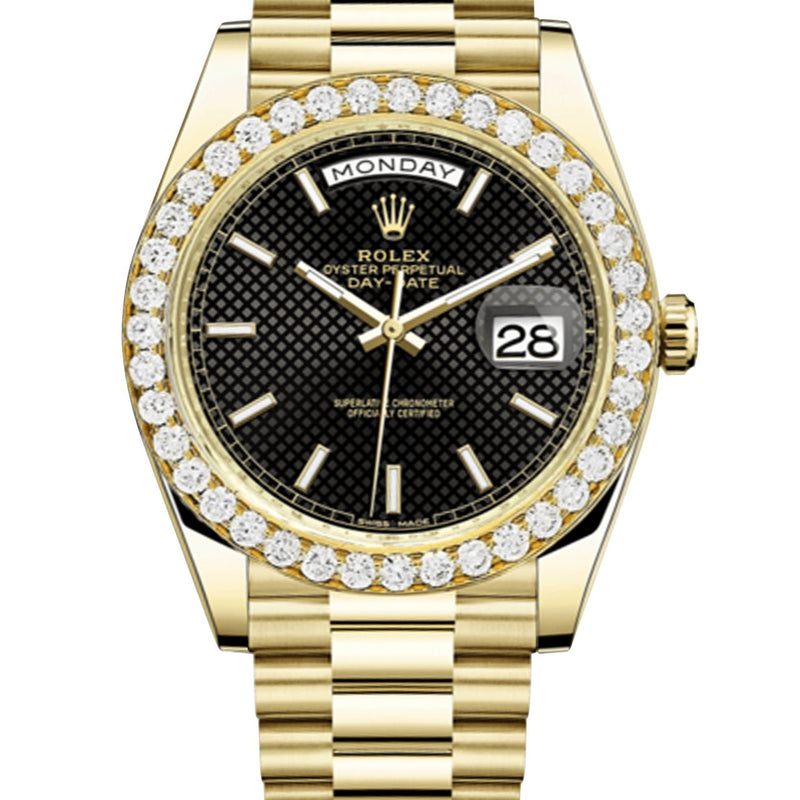 Rolex Day Date 40 Presidential Black Diagonal Motif Dial - Index Hour Markers With 4 Carats Of Diamonds