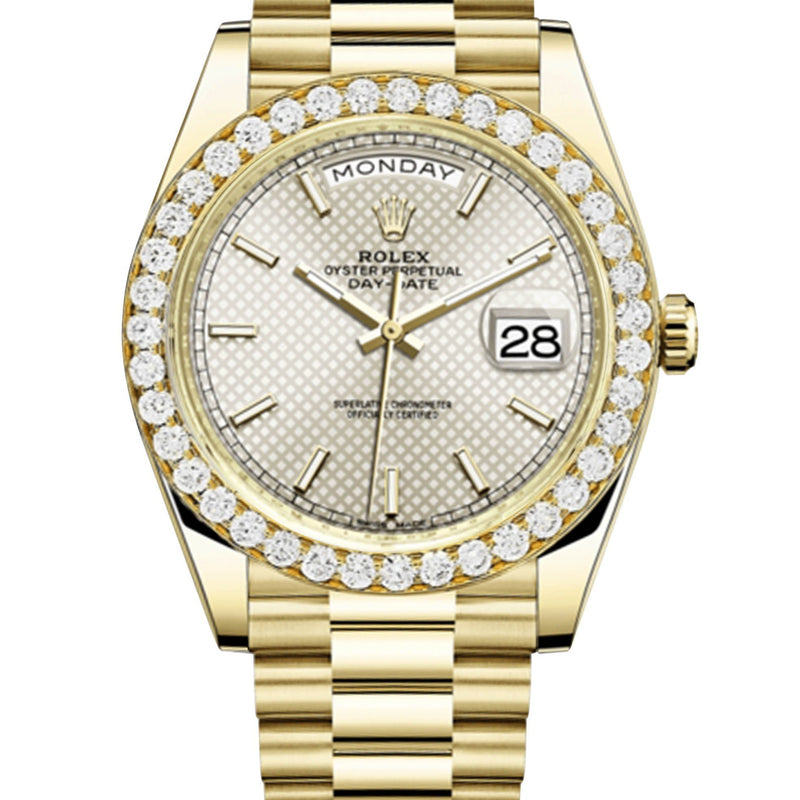 Rolex Day Date 40 Presidential Champagne Diagonal Motif Dial- Index Hour Markers With 4 Carats Of Diamonds