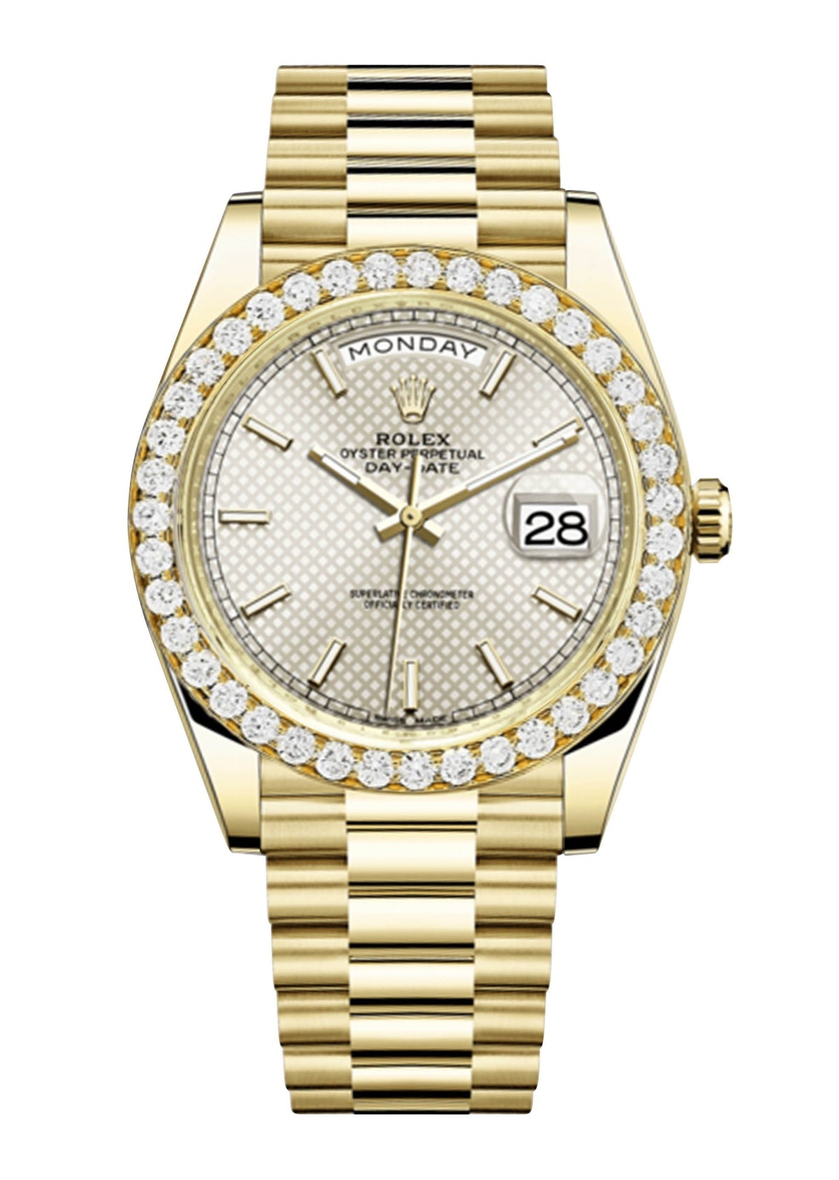 Rolex Day Date 40 Presidential Champagne Diagonal Motif Dial- Index Hour Markers With 4 Carats Of Diamonds