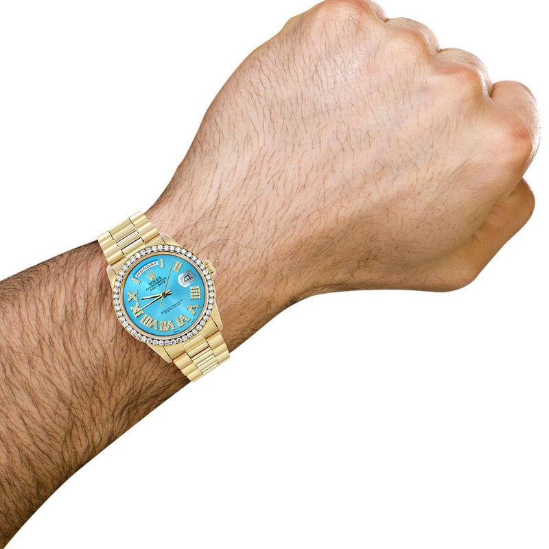 Rolex Day-Date | Presidential | Model 18238 | 18K Yellow Gold | Diamond Bezel | Light Blue Diamond Roman Dial