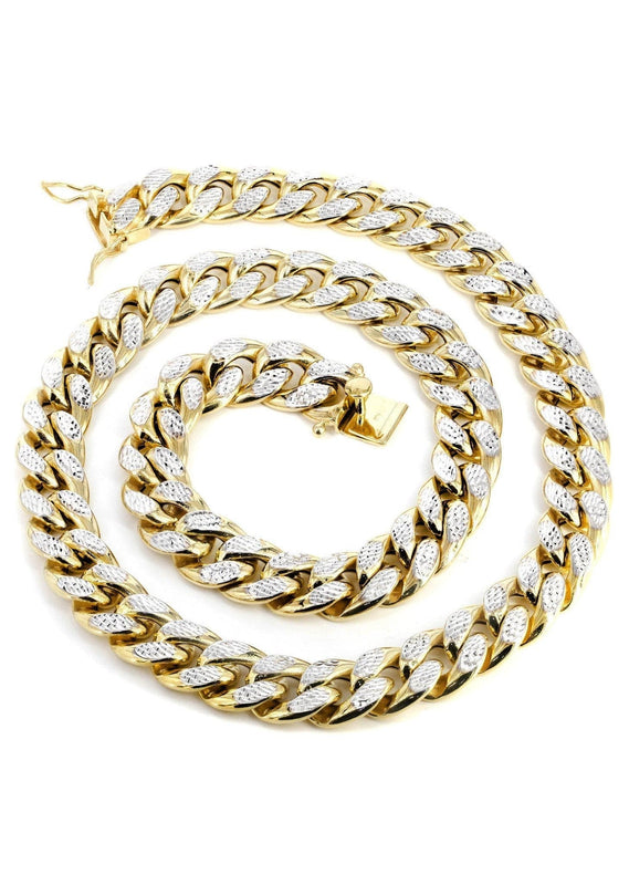 Gold Chain - Womens Semi Solid  Diamond Cut Miami Cuban Link Chain 10K/14K Gold