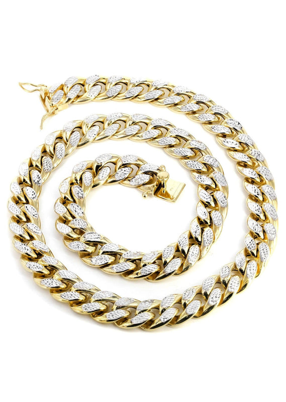 Semi Solid Diamond Cut Miami Cuban Link Chain 14K Gold