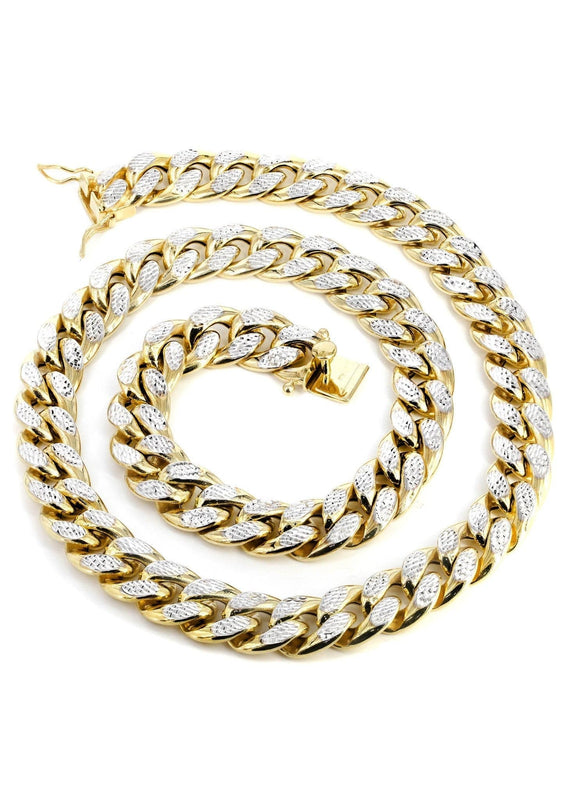 Gold Chain - Mens Semi Solid  Diamond Cut Miami Cuban Link Chain 10K/14K Gold