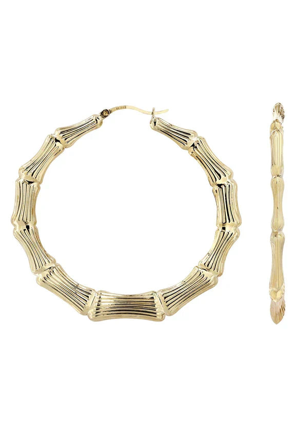 10K Gold Bamboo Hoop Earrings | Customizable Size