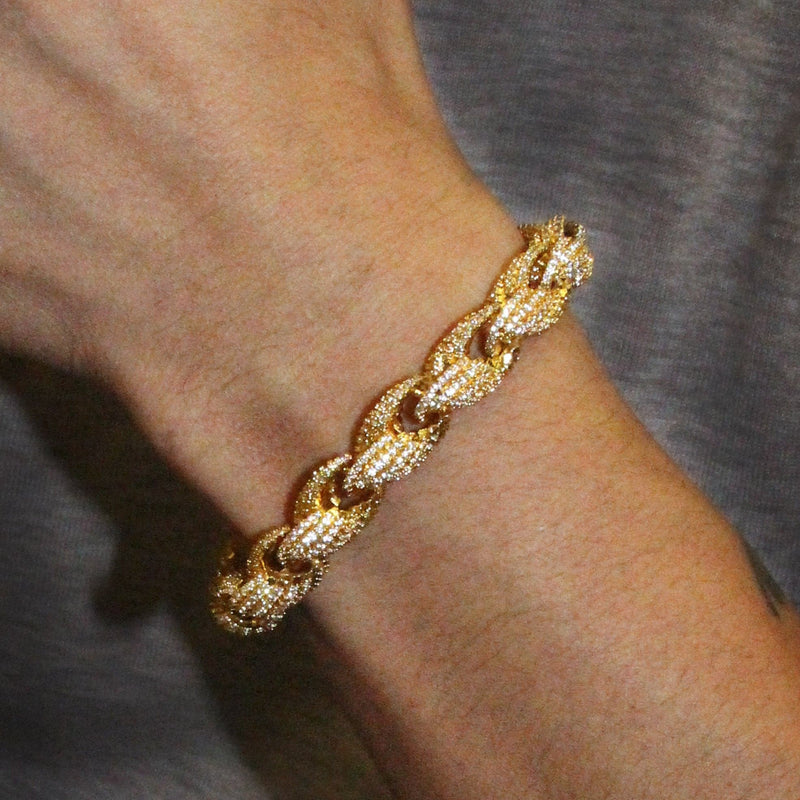 Gold Plated Mens Iced Out Solid Rope Bracelet